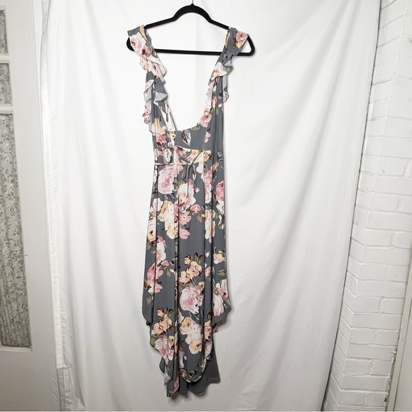 Privacy Pleaae Floral Gray Ruffle Wrap Dress - Picture 3 of 6